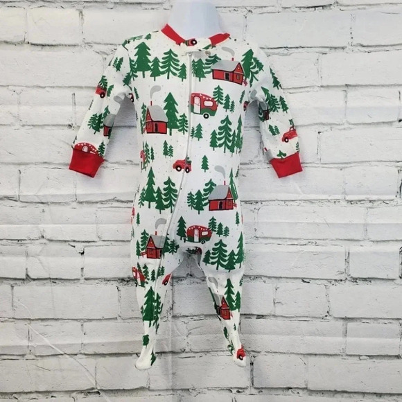 6-9 Month Infant Forest Theme White and Green Footed Christmas Onesies - Picture 3 of 8